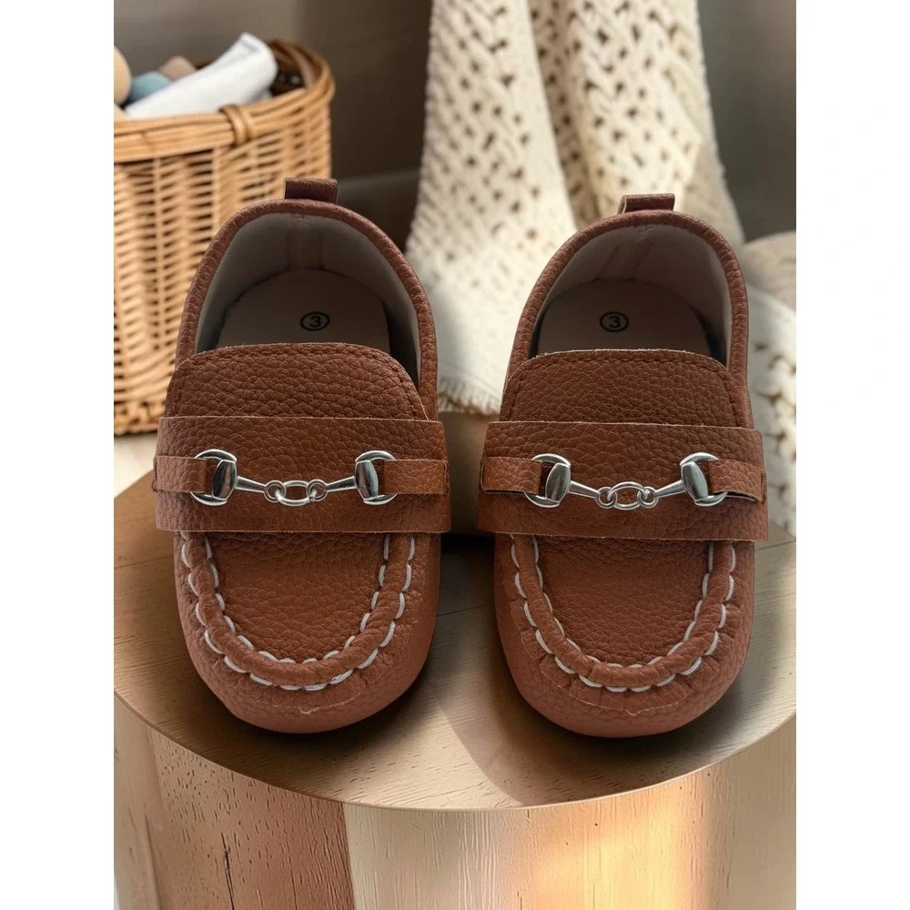 Lucky Brand Infant Boys Brown Pebbled Horsebit Loafers Crib Shoes Size 3